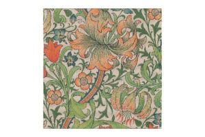 Produktbild: servett Golden Lily, 35x35 cm, med blommönster i orange och grönt på beige bakgrund, lämplig för uterum.