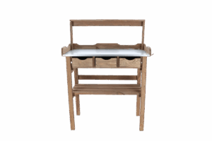 produktbilder på planteringsbord i trä med ett hyllplan och tre lådor längs framkanten.