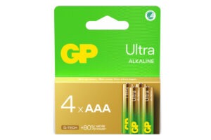 Förpackning med fyra GP Ultra AAA-batterier.