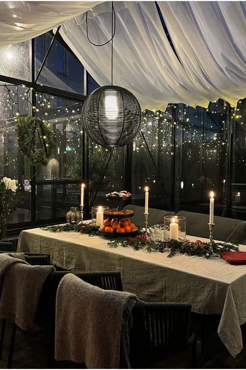 Orangerierna på Malmö Arena Hotels tak i skymning, med varm belysning i Malmös Hyllie.