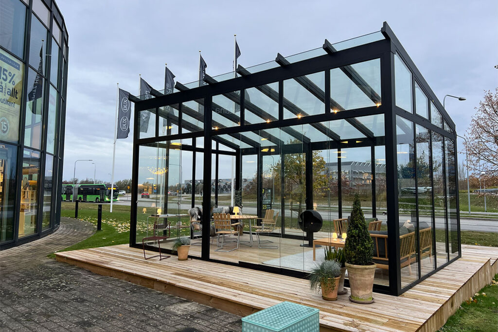 Uterum på Glashuset Malmö, byggt med Classicums Svenskproducerade CL Alu-system.