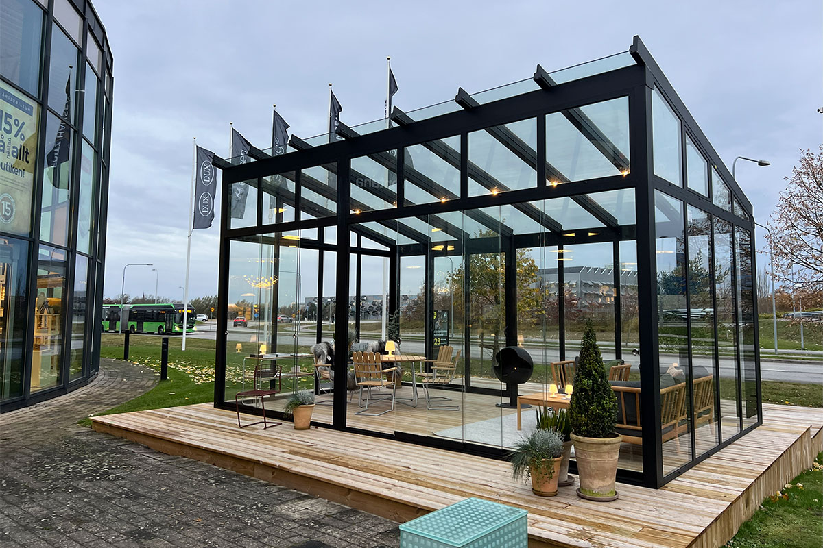 Uterum på Glashuset Malmö, byggt med Classicums Svenskproducerade CL Alu-system.