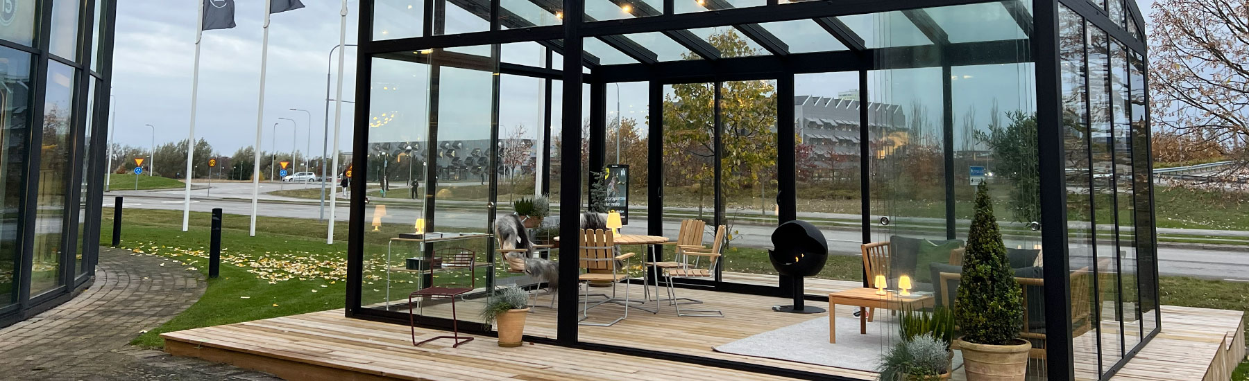 Uterum i glas på Glashuset Malmö, byggt med Classicums CL Alu-system.