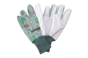 Mönstrade bomullshandskar med trädgårdsmotiv.