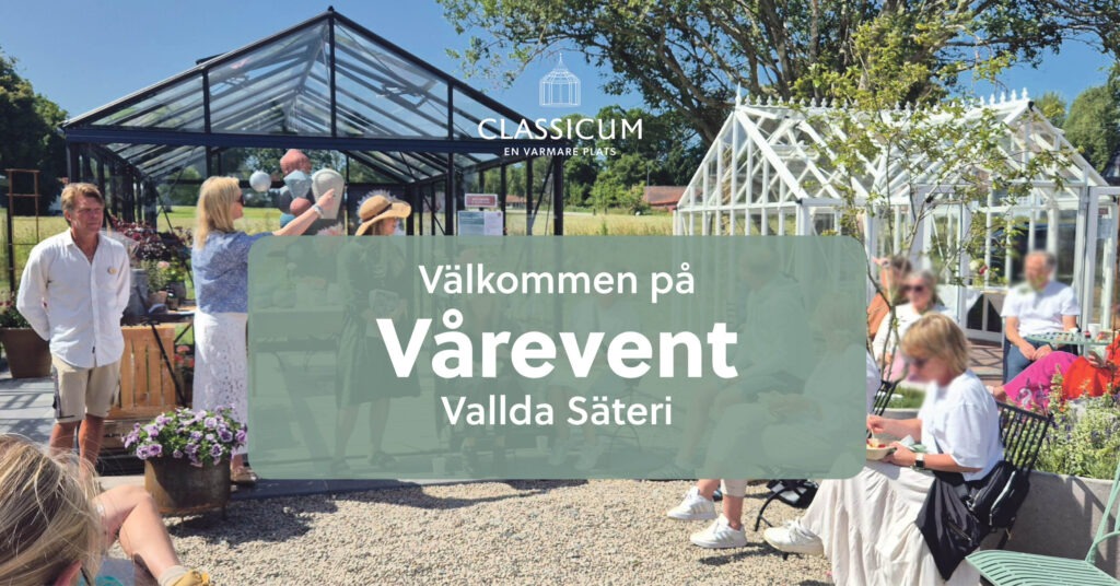Besökare på Vårevent vid Vallda Säteri där lokala företag visar blommor, växthus, mat och hantverk i och runt Classicums växthus.