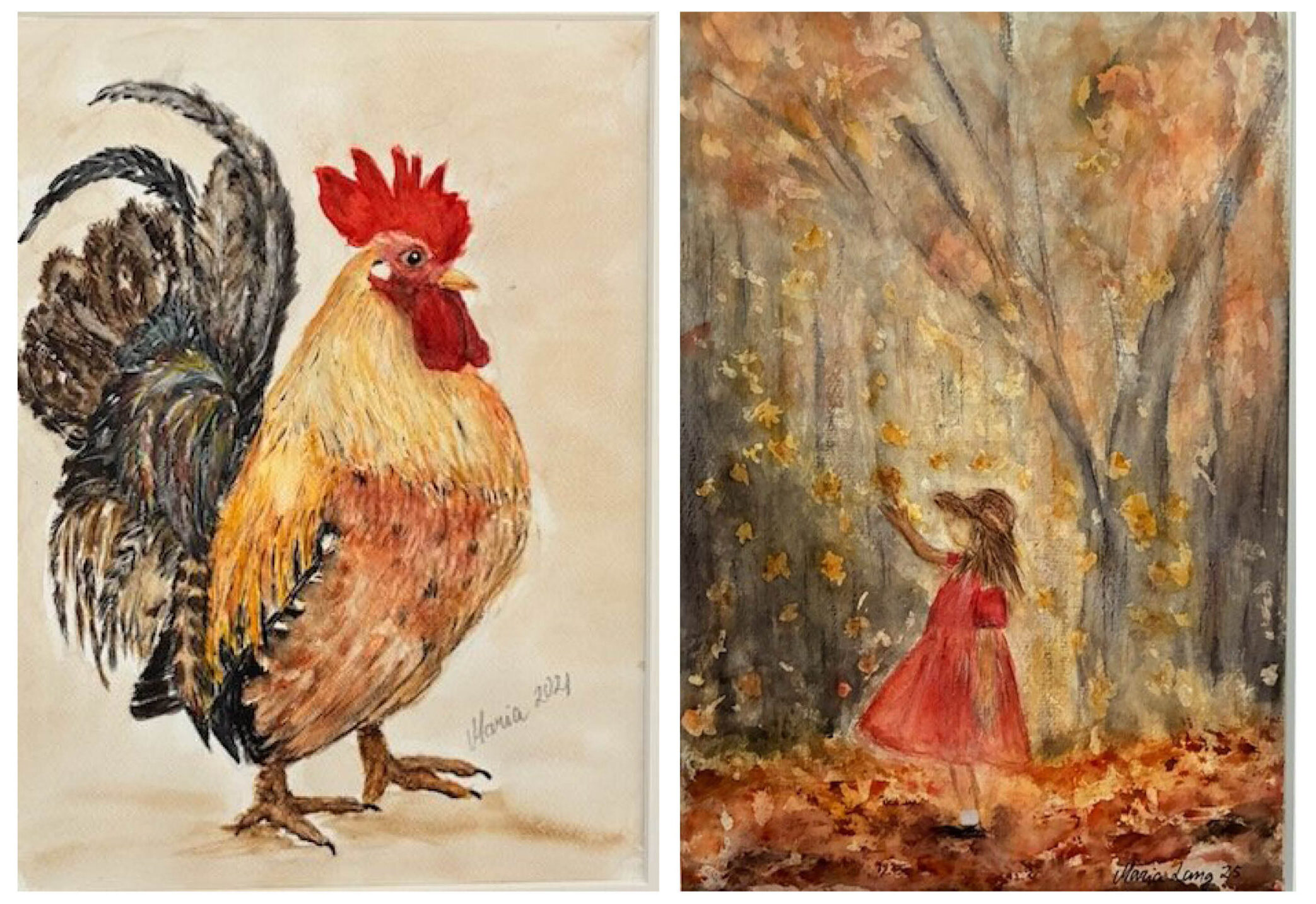 Två verk av Maria Lang, en föreställer en tupp och den andra föreställer en flicka som leker med löv