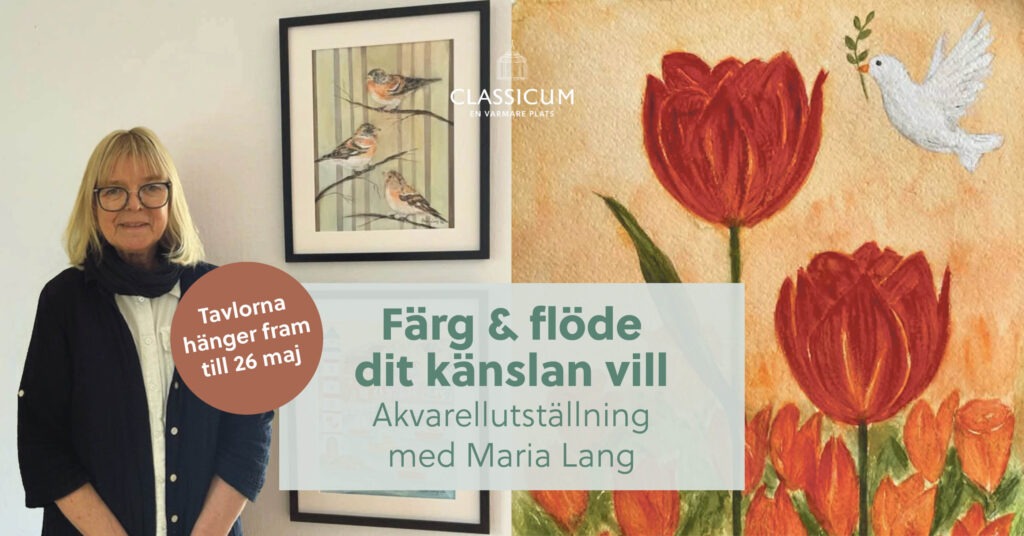 Maria Lang med tre av hennes konstverk, föreställande, fåglar, tulpaner och en kuststad.