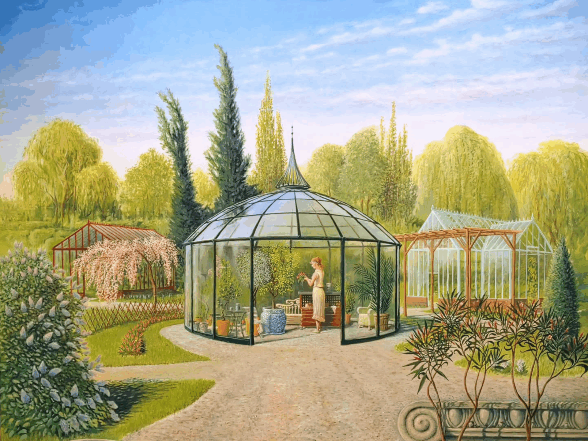 Ett växthus i grönskande miljö målad av Thoralf Behrens