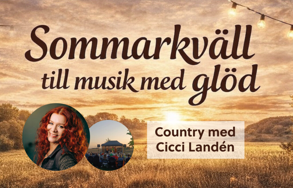 Affisch för ett event: bild på solnedgång över en äng med artisten Cicci Landén