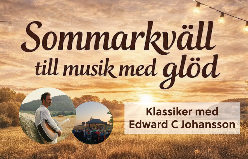 Affisch för ett event: bild på solnedgång över en äng med artisten Edward C Johansson