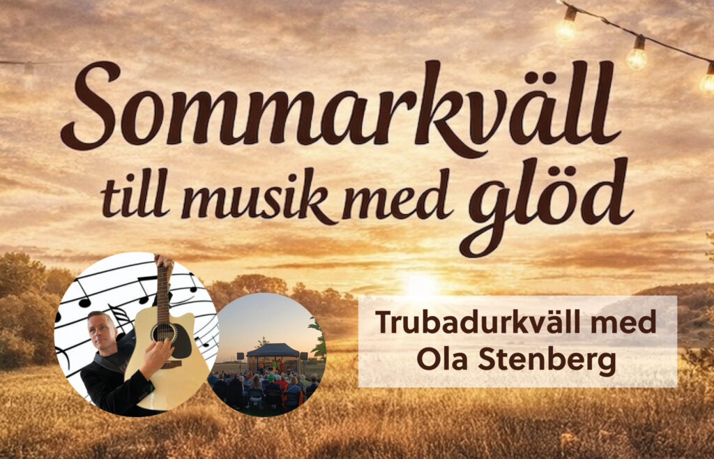 Affisch för ett event: bild på solnedgång över en äng med artisten Ola Stenberg