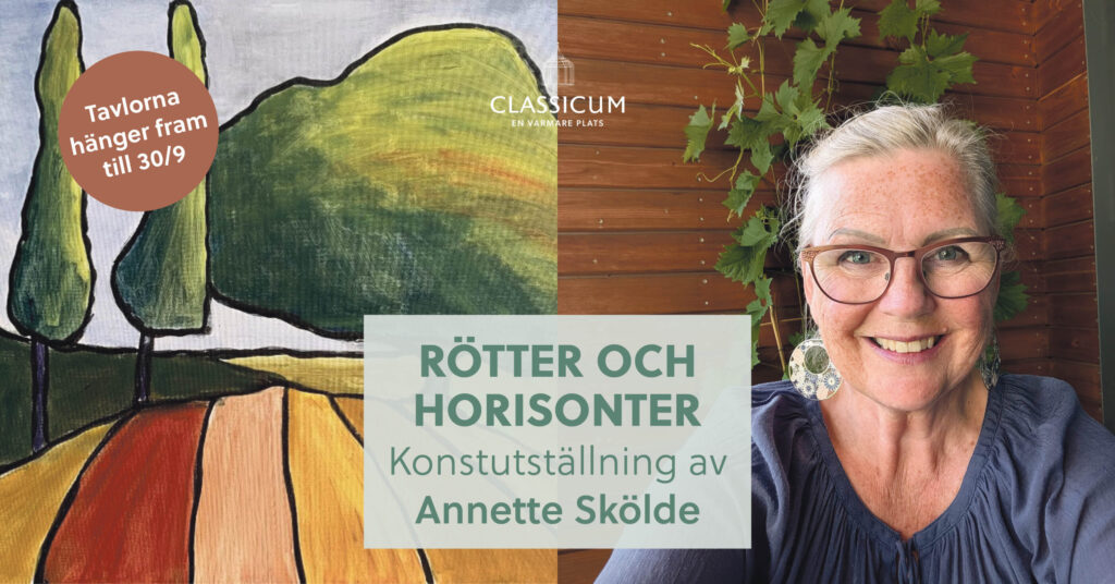 Miljöbild: En kvinna sitter i ett ljust uterum bredvid en färgstark tavla; information om konstutställningen och evenemanget syns.