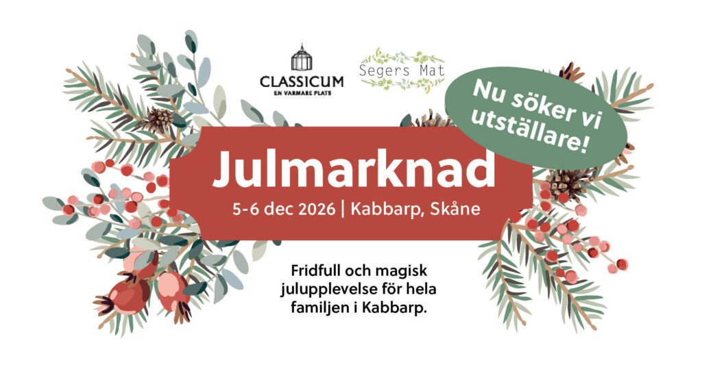 Banner med information om julmarknaden, grönska och bär. Classicums logotyp – inbjudan till ett evenemang i växthusmiljö.