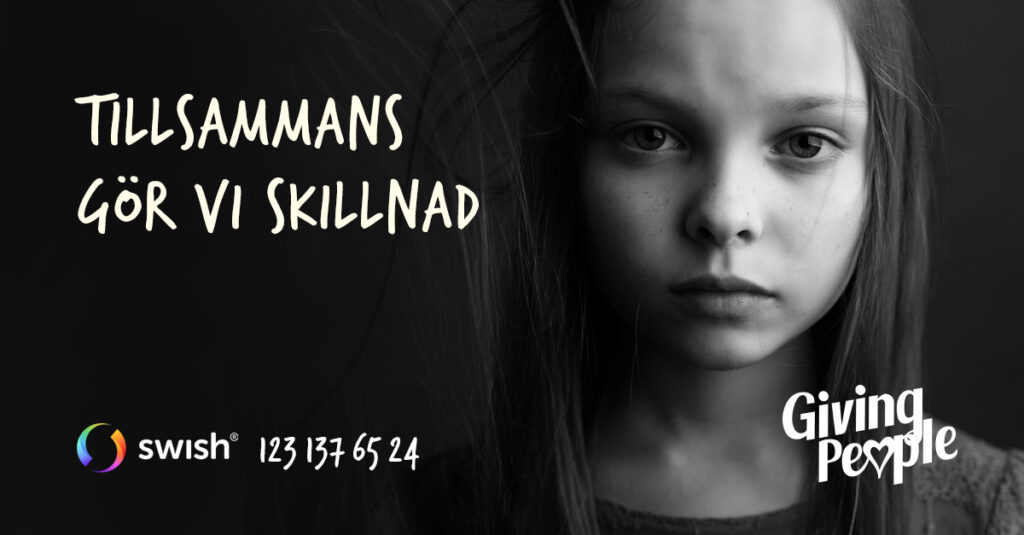 Produktbild: Svartvit bild på en allvarlig flicka, text och Swish-nummer med Giving People-logotypen.
