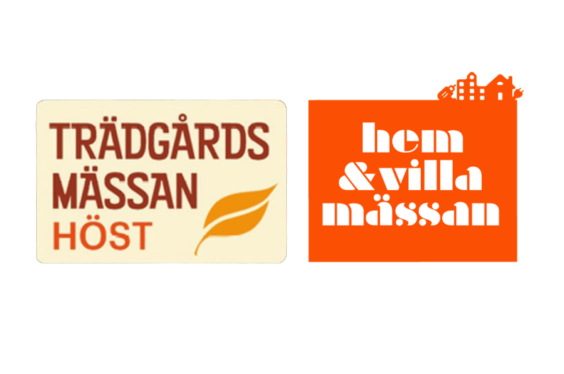Produktbild: Två logotyper, en med löv och text om trädgårdsmässa, en orange med små hus – som föreställer växthus.