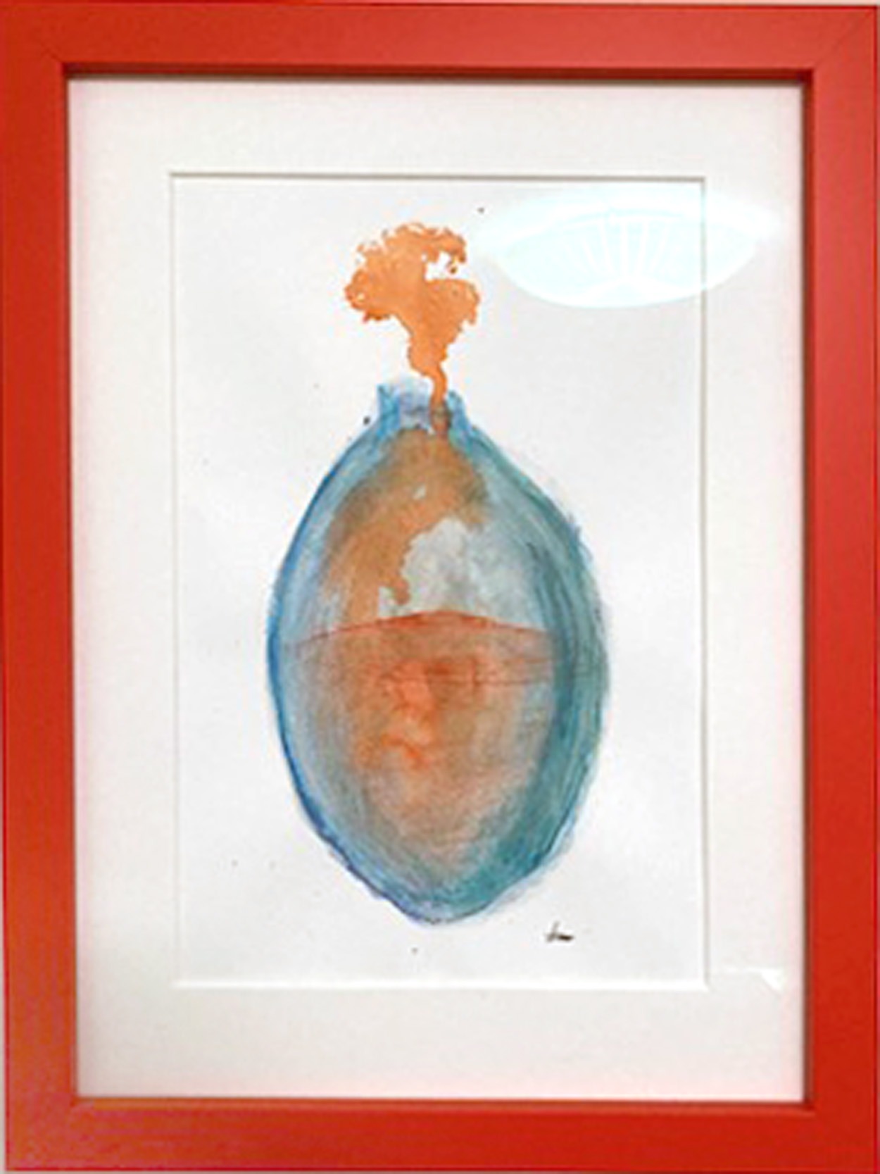 Produktbild: Abstrakt akvarellmålning i röd ram från Galleri Classicum, oval form i blått och orange.