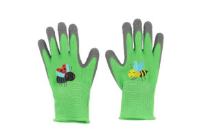 Gröna trädgårdshandskar för barn med färgglada insektsmotiv och latexbelagda handflator.