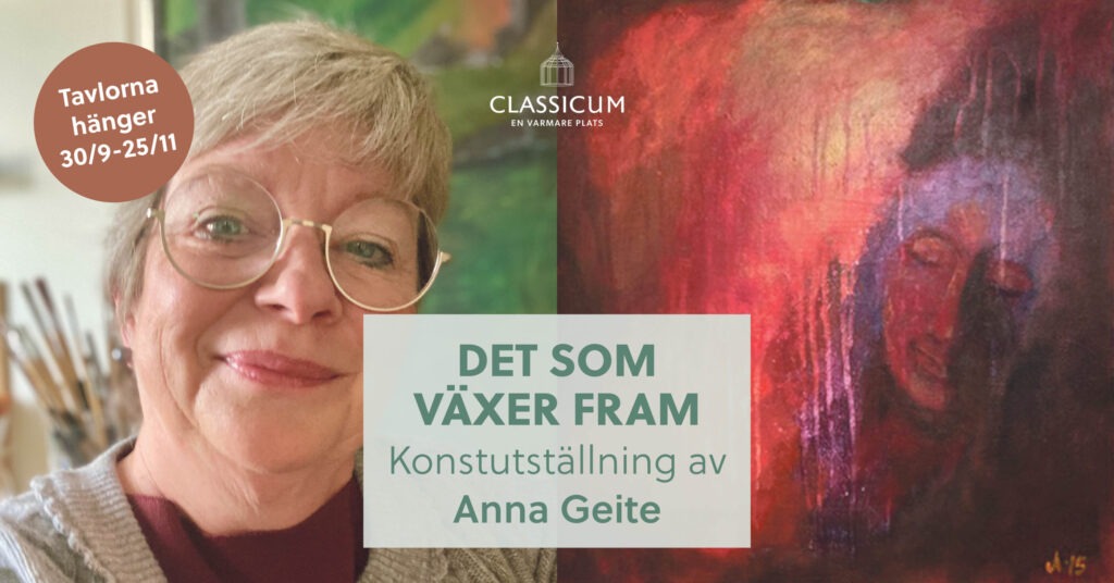 Miljöbild: En kvinna i ett uterum brAkonstutställing i Kabbarp. Kvinna bedvid en röd tavla; informationsblad om utställningen och kommande evenemang hos Classicum syns.
