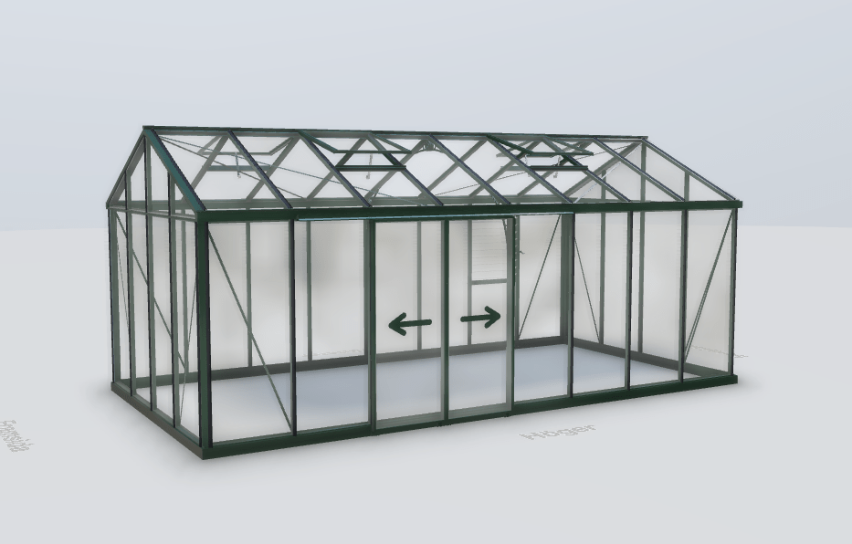 Produktbild: Växthus i klart glas med mörkgrön metallram, sadeltak och två skjutdörrar, tomt inuti.