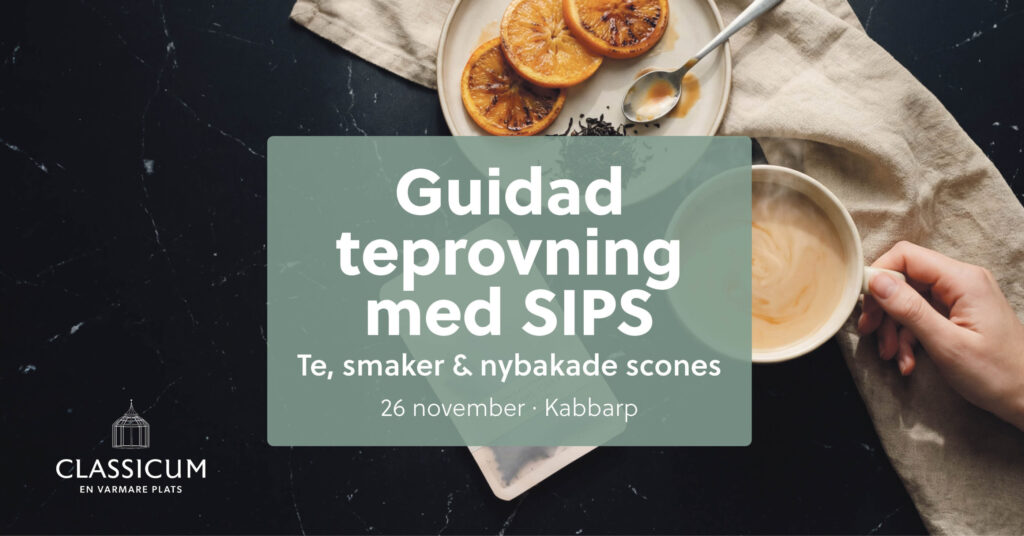Evenemangsaffisch för teprovning hos Classicum i Kabbarp den 26 november. Bilden visar en hand med en tekopp bredvid orangea skivor.